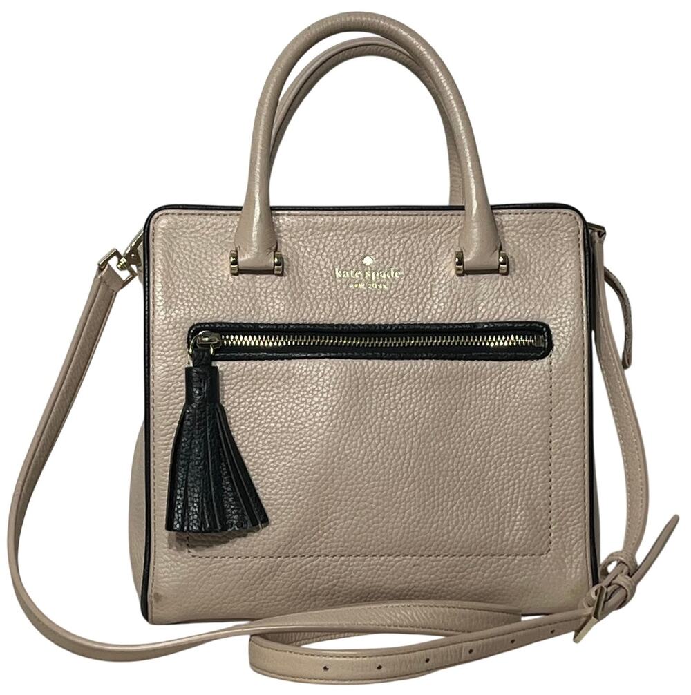 Kate Spade NY Beige Pebbled Leather Double Handle Zip Shoulder Bag Tassel